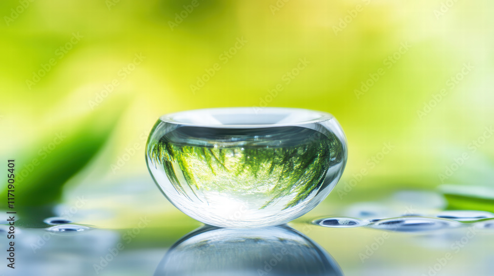 close up of clear glass bowl filled with water, reflecting greenery and nature. serene scene evokes tranquility and calmness, perfect for relaxation close up of clear glass bowl filled with water, reflecting greenery and nature. serene scene evokes tranquility and calmness, perfect for relaxation