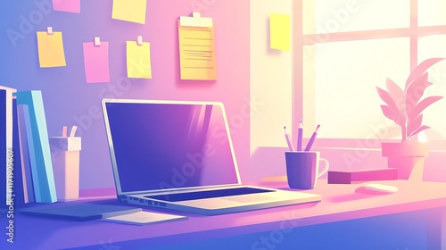 A motivational workspace with a laptop, cup of coffee, and sticky notes on the desk, illustrating the journey of setting and achieving personal goals 