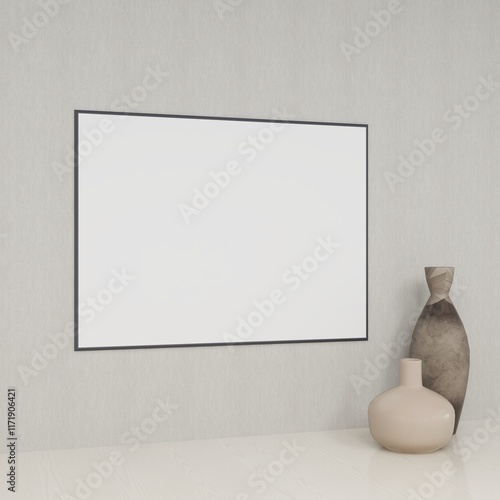 Horizontal frame mockup on a wall and interior decoration plant and vases on a table. 3D rendering, interior design, 3D illustration