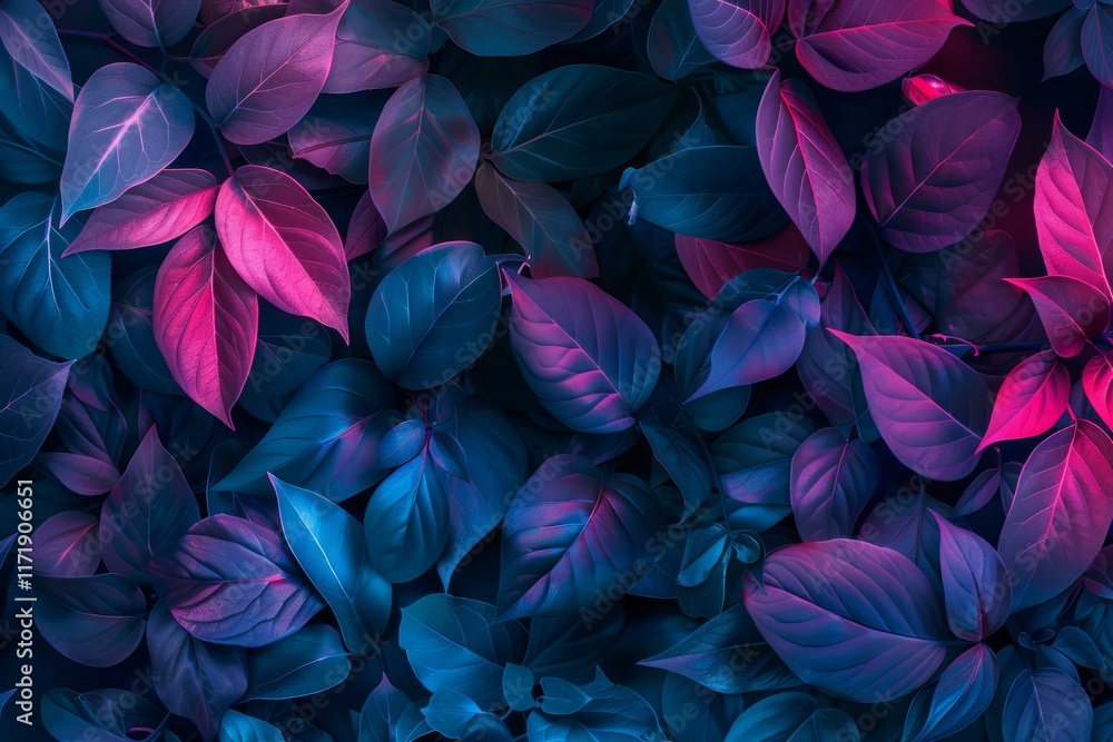Tropical leaves creating a vibrant and colorful background with neon shades of pink and blue Tropical leaves creating a vibrant and colorful background with neon shades of pink and blue