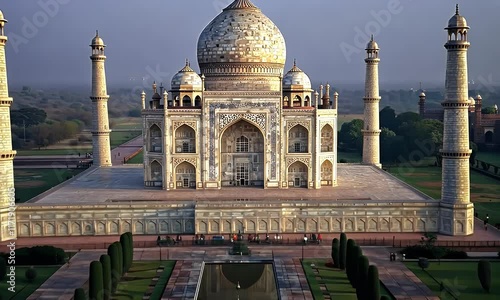 A stunning view of the Taj Mahal, showcasing its intricate architecture and serene gardens.