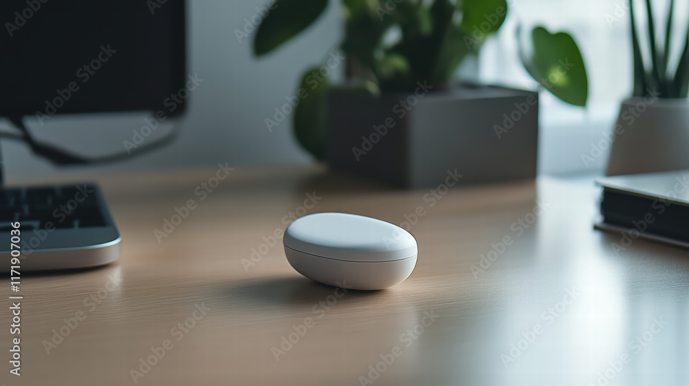 minimalist contact lens case rests on wooden desk, surrounded by greenery and modern office elements, creating serene workspace atmosphere minimalist contact lens case rests on wooden desk, surrounded by greenery and modern office elements, creating serene workspace atmosphere