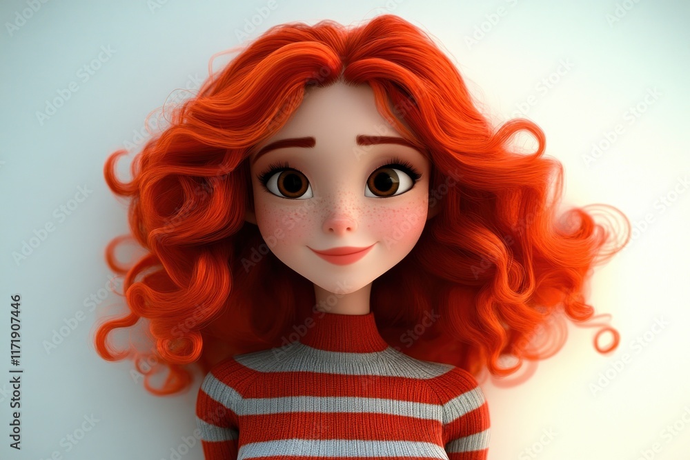 Happy cheerful cartoon character woman with red curly hair in striped sweater laughing joyful expression design Happy cheerful cartoon character woman with red curly hair in striped sweater laughing joyful expression design