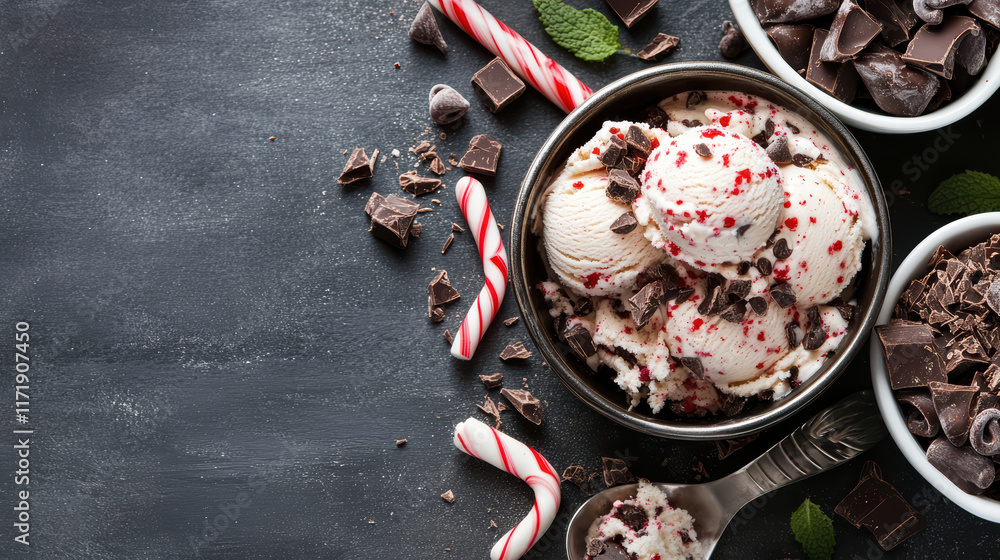 Delightful dessert display featuring peppermint cho te ice cream, candy canes, and cho te chunks, perfect for festive celebrations and sweet indulgence Delightful dessert display featuring peppermint cho te ice cream, candy canes, and cho te chunks, perfect for festive celebrations and sweet indulgence