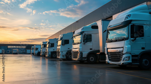Wallpaper Mural A line of trucks is parked outside a contemporary warehouse, ready for loading and transport during the evening hours Torontodigital.ca