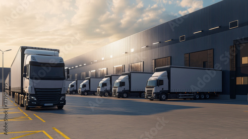 Wallpaper Mural Trucks are parked in a lot near a modern warehouse, ready for loading and unloading cargo in a busy commercial area Torontodigital.ca