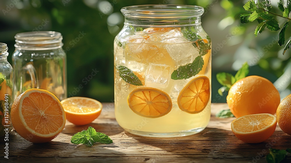 Refreshing orange lemonade in a glass jar with ice and mint on wooden table. Refreshing orange lemonade in a glass jar with ice and mint on wooden table.
