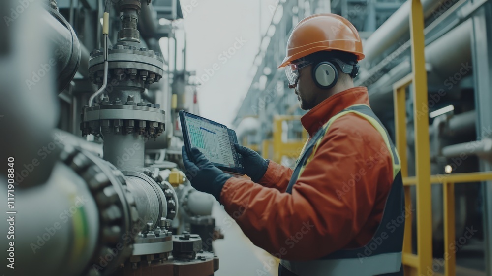 A man in a red jacket is looking at a tablet while standing in front of a pipe A man in a red jacket is looking at a tablet while standing in front of a pipe