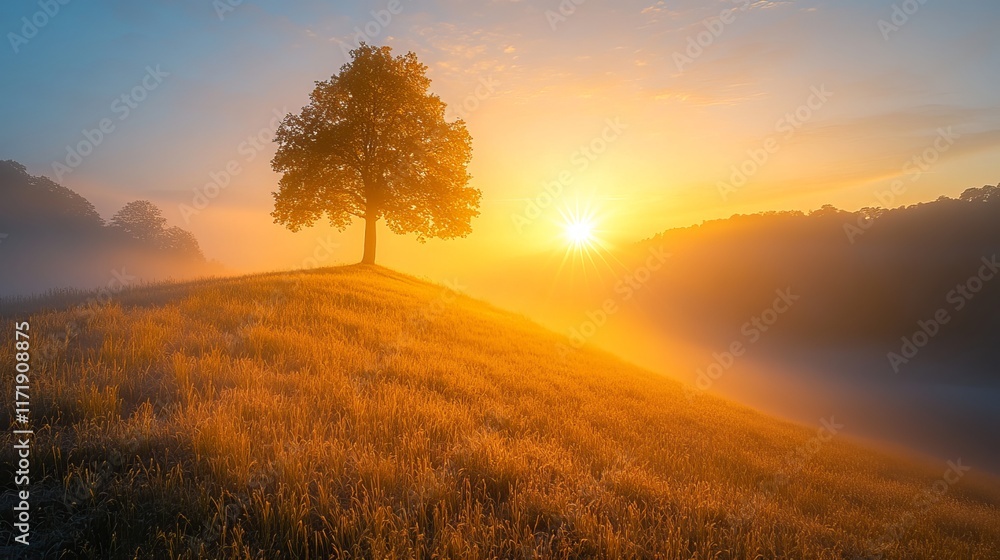 Obraz premium Sunrise over a foggy valley with a lone tree at the center, peaceful morning landscape with soft golden light