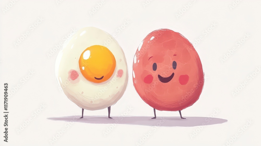 Cute Cartoon Egg and Smiling Red Egg Characters on Simple Background Cute Cartoon Egg and Smiling Red Egg Characters on Simple Background