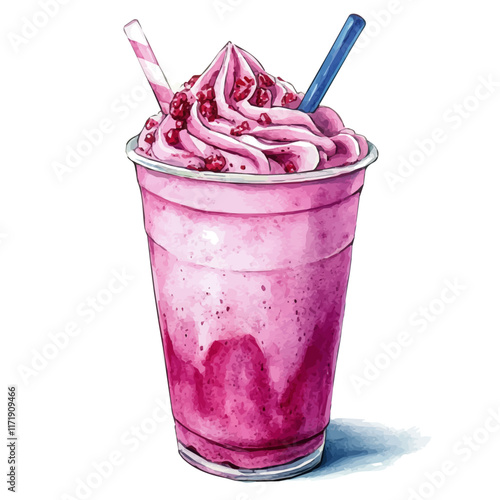 A watercolor vector painting of an Iced Raspberry Frappuccino, isolated on a white background. Iced Raspberry Frappuccino vector.

