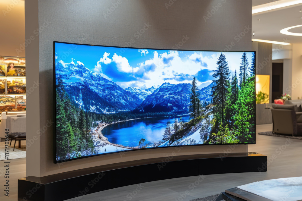 Fototapeta premium Curved 3D TV displaying vibrant mountain landscape in modern living room setting