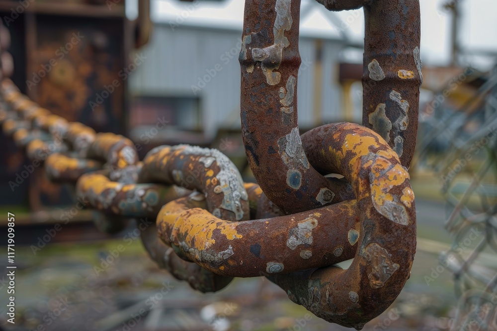 Close up of a rusty chain hanging in an industrial setting, highlighting the effects of corrosion and decay Close up of a rusty chain hanging in an industrial setting, highlighting the effects of corrosion and decay
