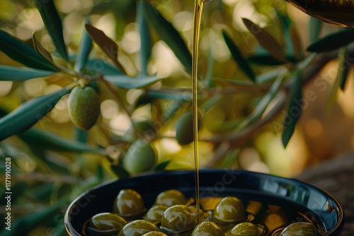 Golden olive oil pouring into bowl of olives with olive tree branch in background, celebrating mediterranean diet and healthy lifestyle photo