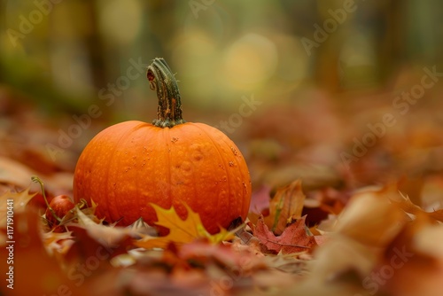 Ripe pumpkin sits on a bed of fallen leaves in a serene autumnal forest setting