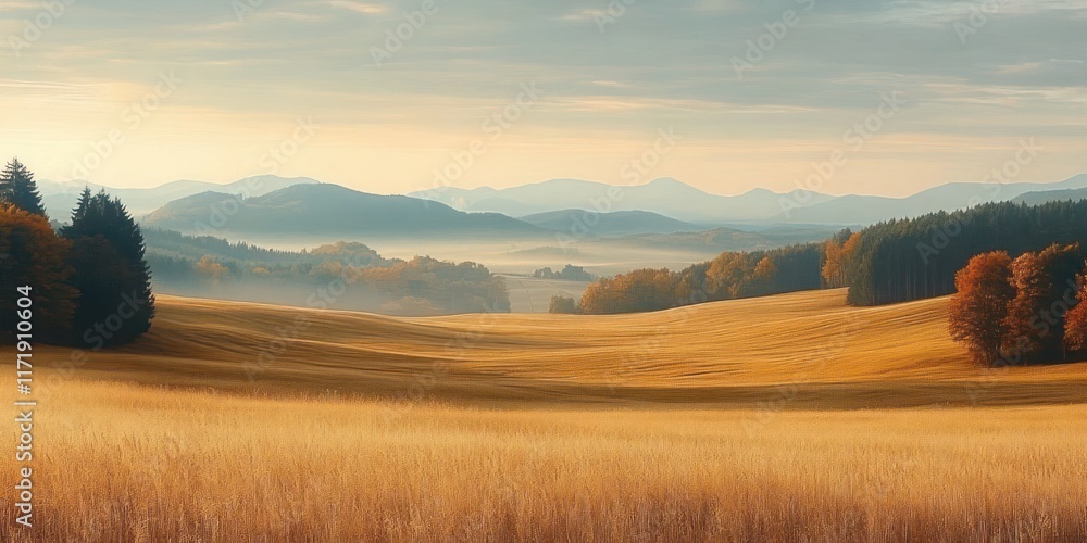Obraz premium Autumn Landscape Panorama with Rolling Hills Golden Fields Soft Lighting Rural Serenity