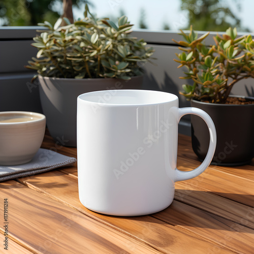 Wallpaper Mural A plain white mug sitting on a wooden table in cozy room, with plant and blurred background Torontodigital.ca