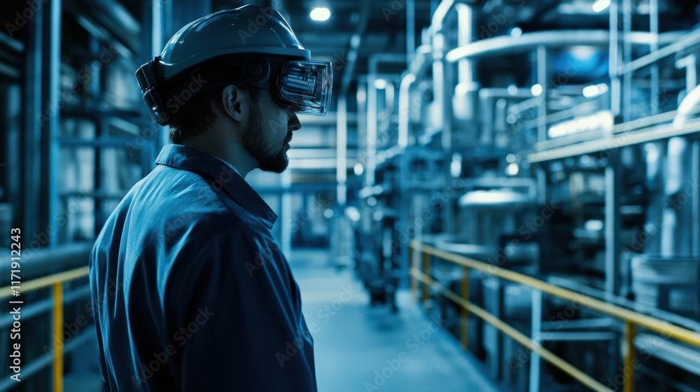 A man wearing a hard hat and goggles stands in a factory A man wearing a hard hat and goggles stands in a factory