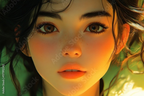 Wallpaper Mural Cartoon character portrait of a happy friendly Asian young man smiling in green jacket in minimalist 3D art style with soft lighting Torontodigital.ca