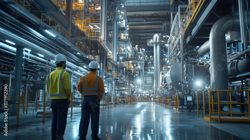 Wallpaper Mural Two men in safety gear stand in a large industrial building Torontodigital.ca