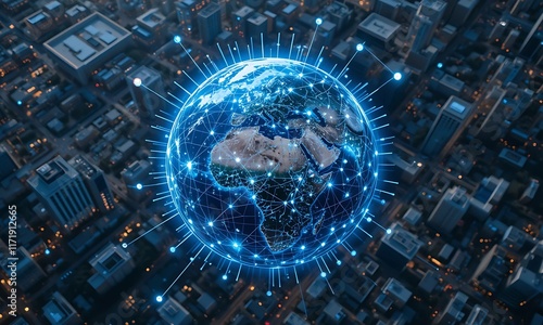 : A digital globe with interconnected nodes and lines hovers over a cityscape, symbolizing global connectivity and technology integration. photo