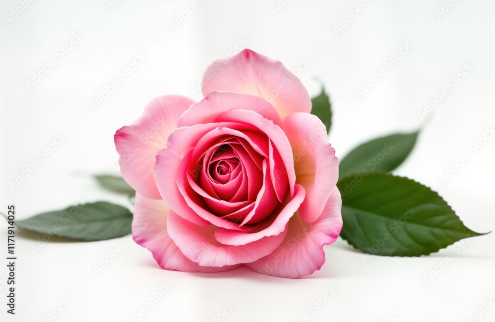 Closeup view of single pink rose on white background. Rose petals beautiful shade of pink with varying tones. Fresh green leaves accompany flower. Perfect for romantic themes, celebrations like Closeup view of single pink rose on white background. Rose petals beautiful shade of pink with varying tones. Fresh green leaves accompany flower. Perfect for romantic themes, celebrations like