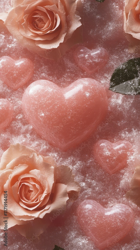 Fototapeta premium Delicate roses and shimmering hearts lay adorned in a blanket of snow, kissed by soft pink frost, creating a magical Valentine's Day wonderland.