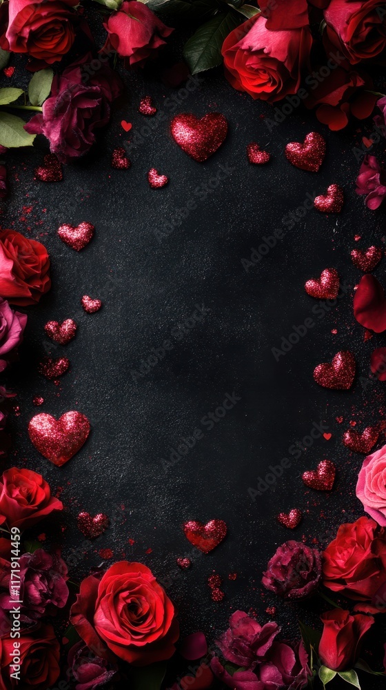 A stunning display of red roses and delicate hearts forms a perfect heart shape against a sleek black backdrop, radiating love and romance.