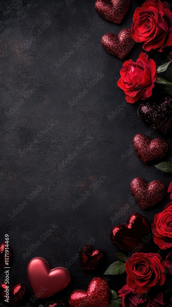 A romantic scene unfolds with vibrant red roses and delicate hearts set against a sleek black backdrop, perfect for celebrating love on Valentine's Day.