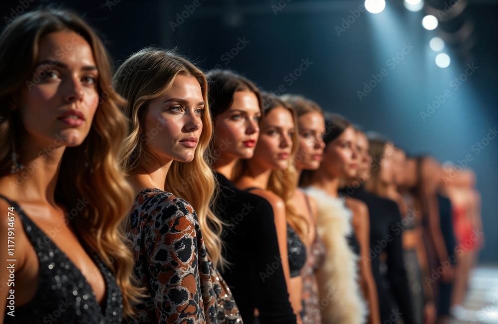 Fashion models wait on runway during fashion show. Models in different dresses look pro, confident. Stylish, luxury looks. Stylish ladies on catwalk. Event in luxury fashion week. New collection Fashion models wait on runway during fashion show. Models in different dresses look pro, confident. Stylish, luxury looks. Stylish ladies on catwalk. Event in luxury fashion week. New collection