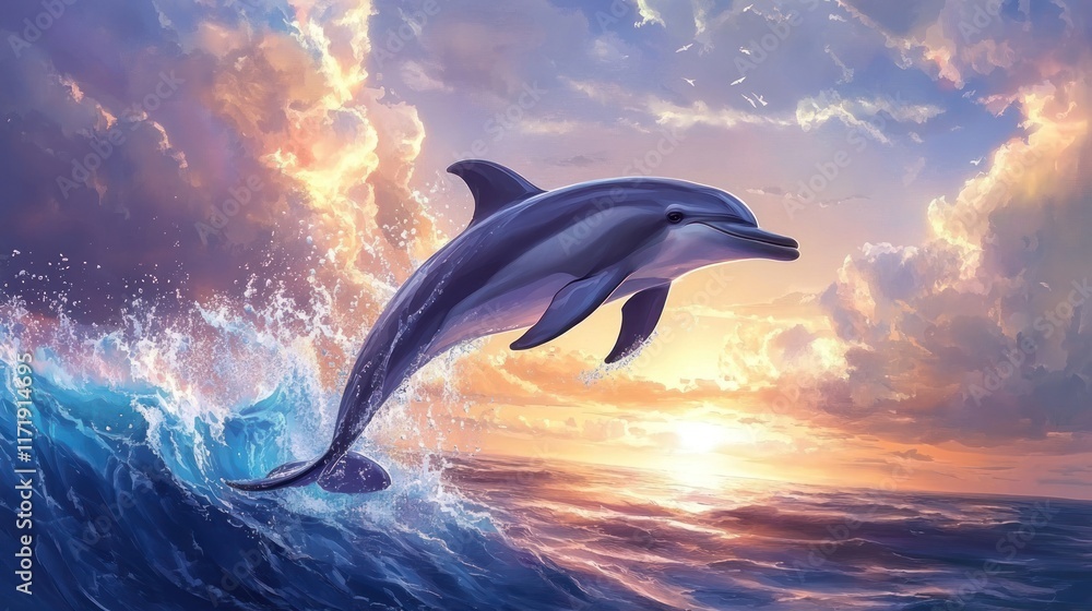 Fototapeta premium A dolphin leaps from ocean waves against a vibrant sunset sky.