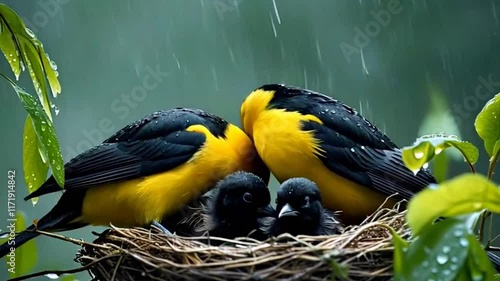 A pair of yellow and black birds are protecting their young from the rain