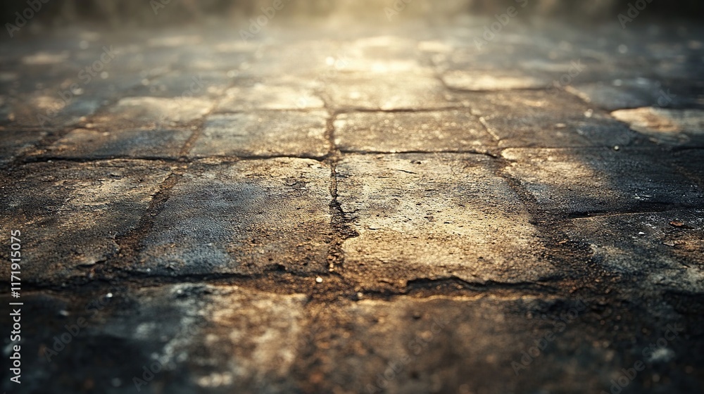 Low-angle close-up of old, textured cobblestone pavement with light illuminating the center. Low-angle close-up of old, textured cobblestone pavement with light illuminating the center.