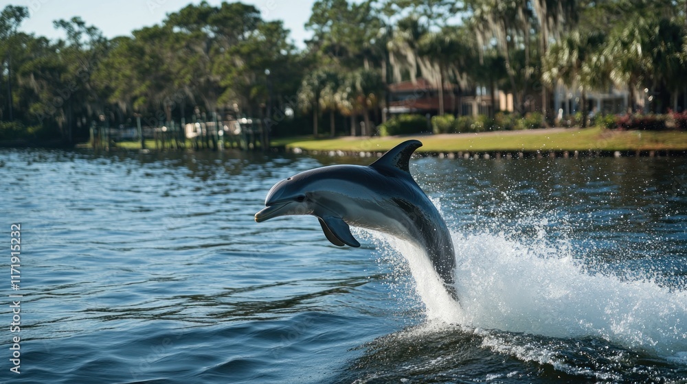 Obraz premium A dolphin leaps out of the water, creating a splash in a serene natural setting.