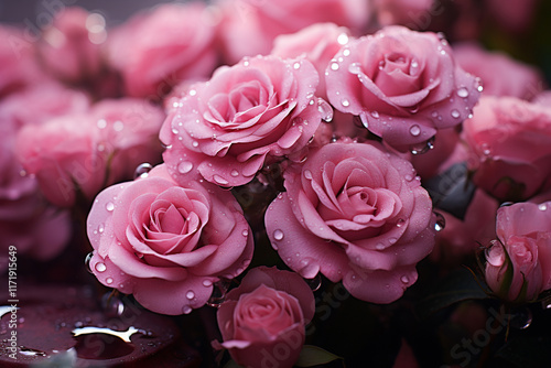 Pink Roses with Dewdrops, Capturing the Beauty of Romantic Shades and Water's Subtle Charm, Creating a Captivating Atmosphere of Light, Color, and Nature's Elegance photo