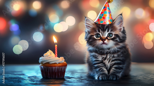 Adorable kitten wearing a birthday hat sitting next to a cupcake with a single burning candle creating a cheerful celebratory scene. Flamelit. Illustration photo