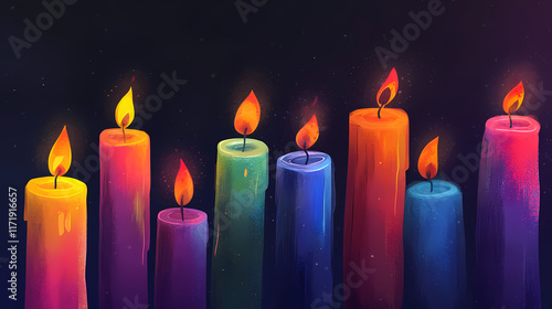 Colorful candles glowing warmly against a dark background. Flamelit. Illustration photo