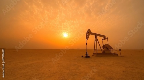 An oil pump jack moves rhythmically as the sun sets in a dusty desert, painting the sky with warm hues photo