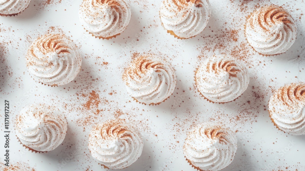 A collection of frosted cupcakes arranged decoratively. A collection of frosted cupcakes arranged decoratively.