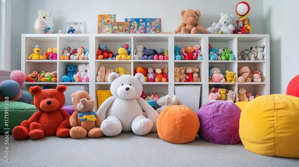 Colorful playroom filled with plush toys and cushions. Colorful playroom filled with plush toys and cushions.