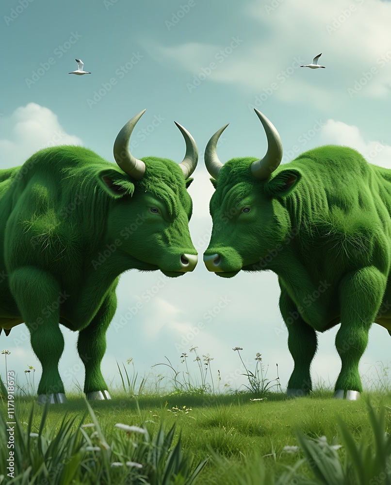 Fototapeta premium Surreal green grass bulls facing off in a vibrant natural meadow representing eco-friendly creativity sustainable concepts environmental art and harmony between nature and modern innovative design ide