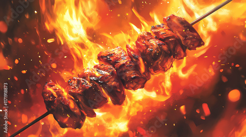 A close-up, beef is skewered on an iron stick, surrounded by vibrant orange and red flames. Flamelit. Illustration photo