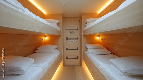 Modern cabin with bunk beds, wood interior, warm lighting.