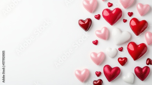 A whimsical display of red and white hearts dances across a pristine white surface, evoking the spirit of love and celebration on Valentine's Day.