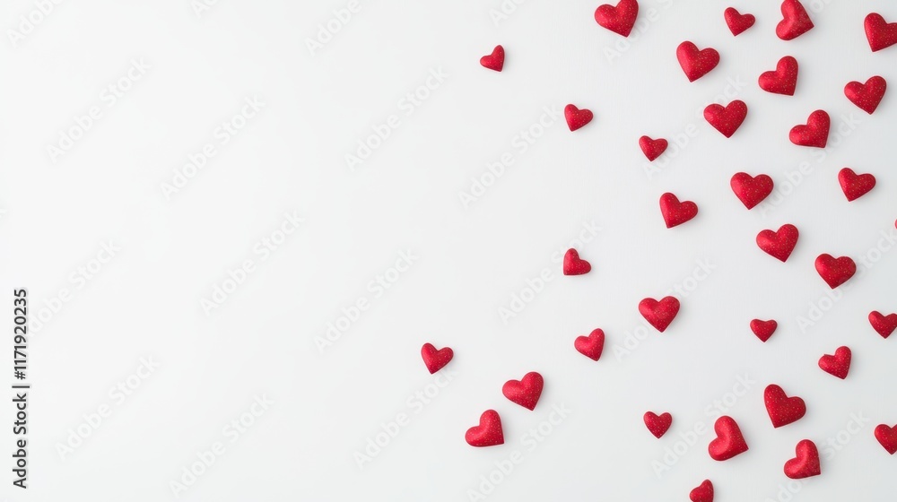 Delicate hearts dance across a pristine white canvas, embodying the spirit of love and romance in a whimsical Valentine's Day celebration. Delicate hearts dance across a pristine white canvas, embodying the spirit of love and romance in a whimsical Valentine's Day celebration.