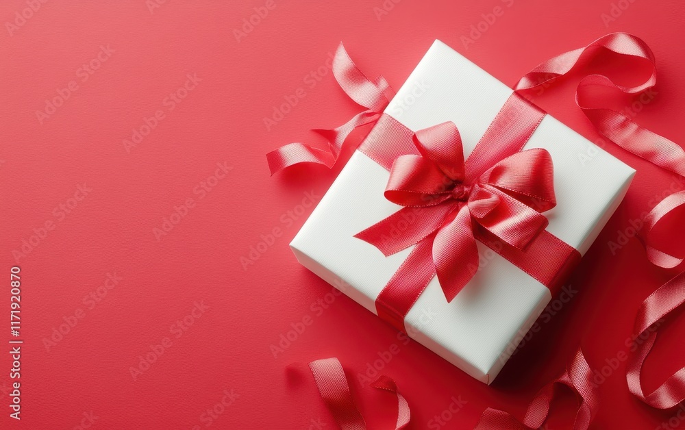 A beautiful white gift box adorned with a vibrant red ribbon, perfect for expressing love and affection this Valentine's Day. A beautiful white gift box adorned with a vibrant red ribbon, perfect for expressing love and affection this Valentine's Day.