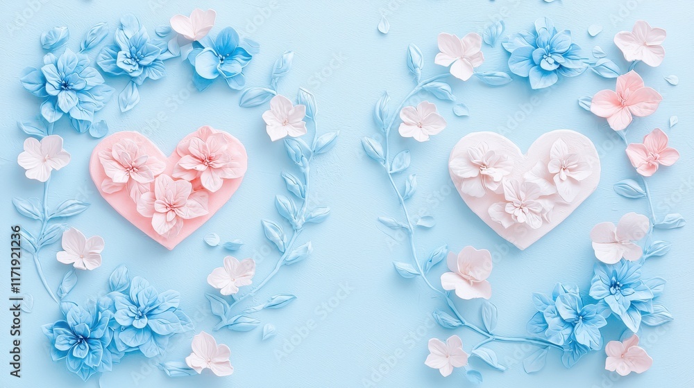 Two exquisite hearts crafted from vibrant paper flowers and lush leaves, symbolizing love and beauty, perfect for a romantic celebration on Valentine's Day. Two exquisite hearts crafted from vibrant paper flowers and lush leaves, symbolizing love and beauty, perfect for a romantic celebration on Valentine's Day.