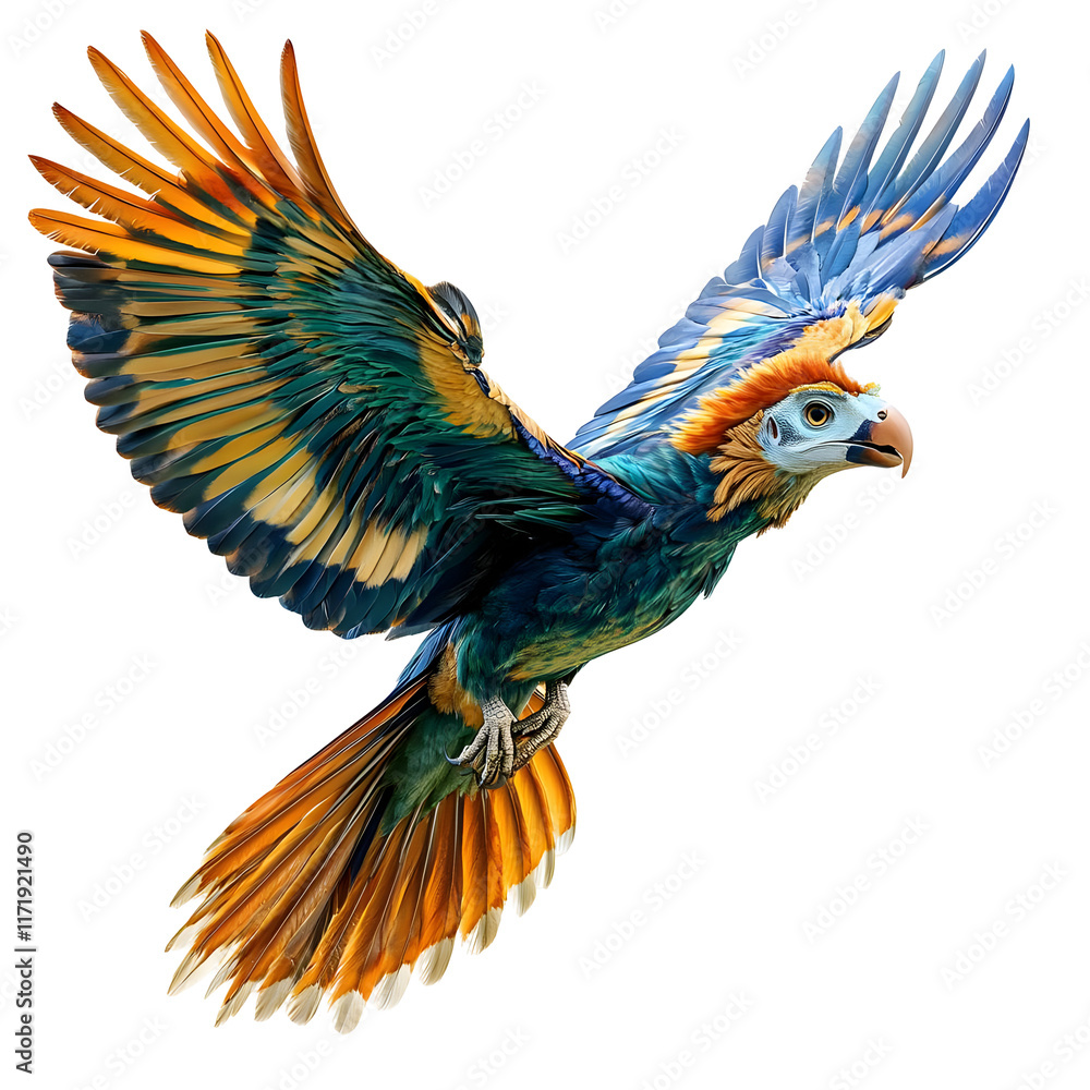 Fototapeta premium A Vibrant Parrot in Flight with Spread Wings, Isolated on a Transparent Background