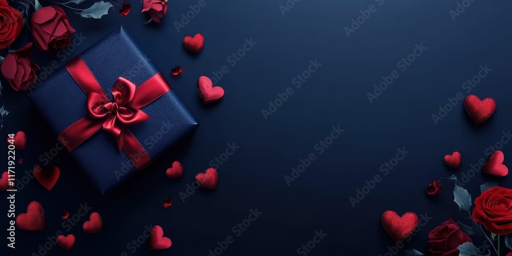 A romantic Valentine's Day scene featuring a beautifully wrapped gift box surrounded by lush red roses, radiating love and affection. A romantic Valentine's Day scene featuring a beautifully wrapped gift box surrounded by lush red roses, radiating love and affection.