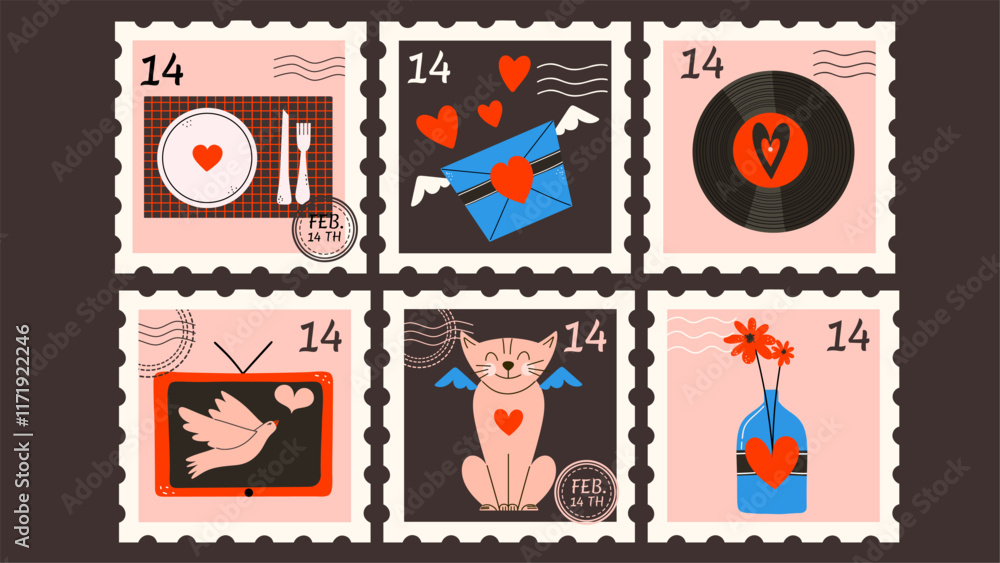 Valentine's Day stamps with cat, vinyl record, envelope. Vector design hand draw stickers. Valentine's Day stamps with cat, vinyl record, envelope. Vector design hand draw stickers.